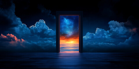 Obraz premium Surreal Fantasy Doorway Leading to Mystical Ocean and Celestial Skies