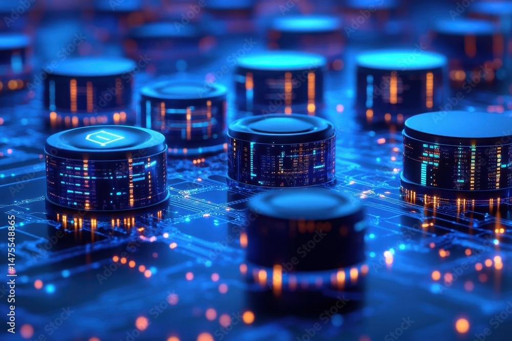 Poster data processing and media icons on a blue digital background highlighting technology and connectivit