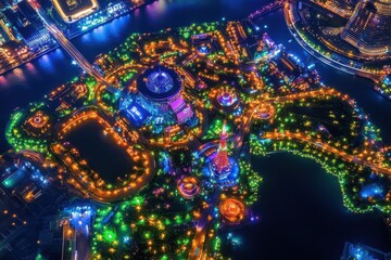 Illuminated Tokyo Tower and vibrant cityscape at night from an aerial perspective, Aerial illuminated Metropolis city night Tokyo Tower Odaiba Japan