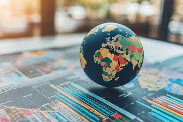 Visualizing global data processing and analysis through colorful diagrams on a world map, data processing and diagrams over globe and world map