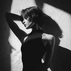 Elegant woman in shadow play, monochrome portrait.