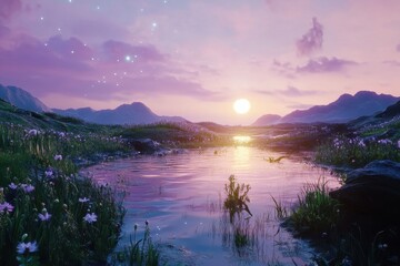 Pond on alien planet glimmers under dusk sky with vibrant colors and surreal landscape, Pond on alien planet at dusk cinematic ai