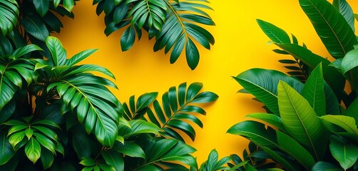 Vibrant yellow backdrop, lush green tropical leaves overflowing, hot, photo