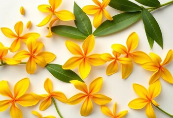 Obraz premium Vibrant yellow ylang ylang blossoms arranged flat on white background, Asian flora postcard style, closeup, postcard