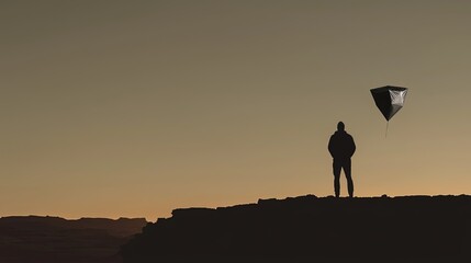 Man watching drone sunset desert.