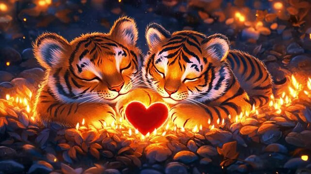 Adorable tiger cubs cuddling with heart-shaped symbol amidst glowing embers. The 14th of February. Happy Valentine's Day