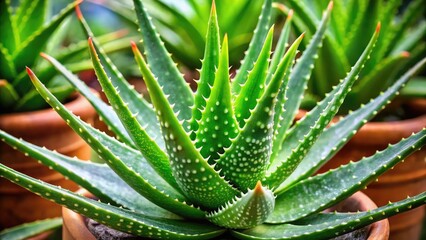 Fototapeta premium Close up view of a vibrant aloe plant showing green leaves with white spots
