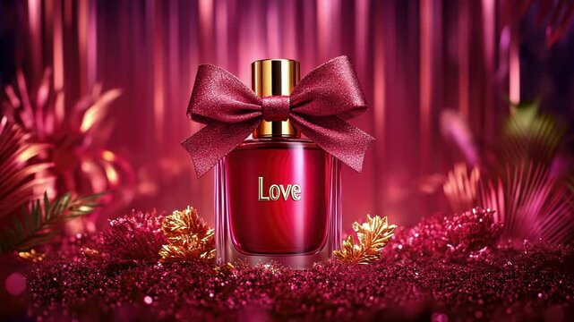 Elegant red perfume bottle with bow in luxurious setting. The 14th of February. Happy Valentine's Day
