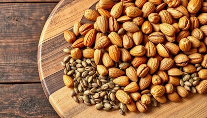 Naklejka premium Wooden platter overflowing with walnuts, almonds, chia seeds, and pumpkin seeds, food, power food