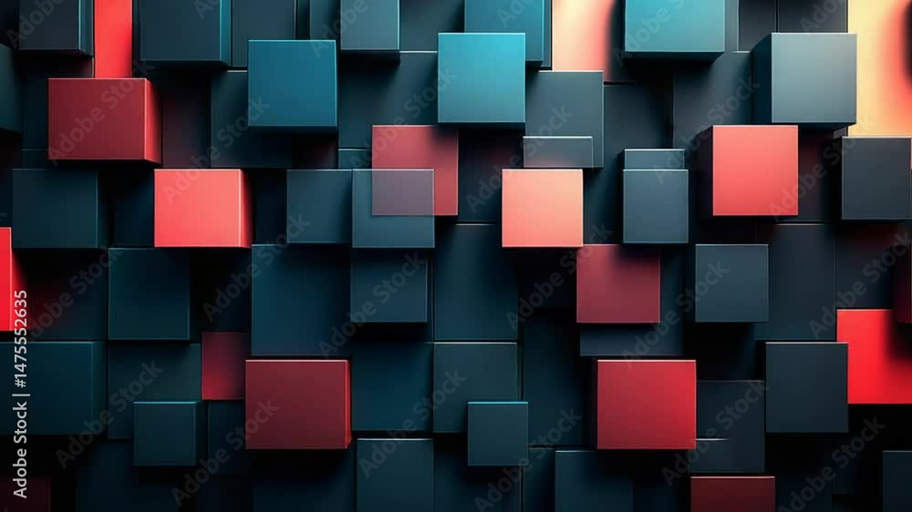 Poster dynamic arrangement of red and dark blue 3d cubes creates a visually striking pattern