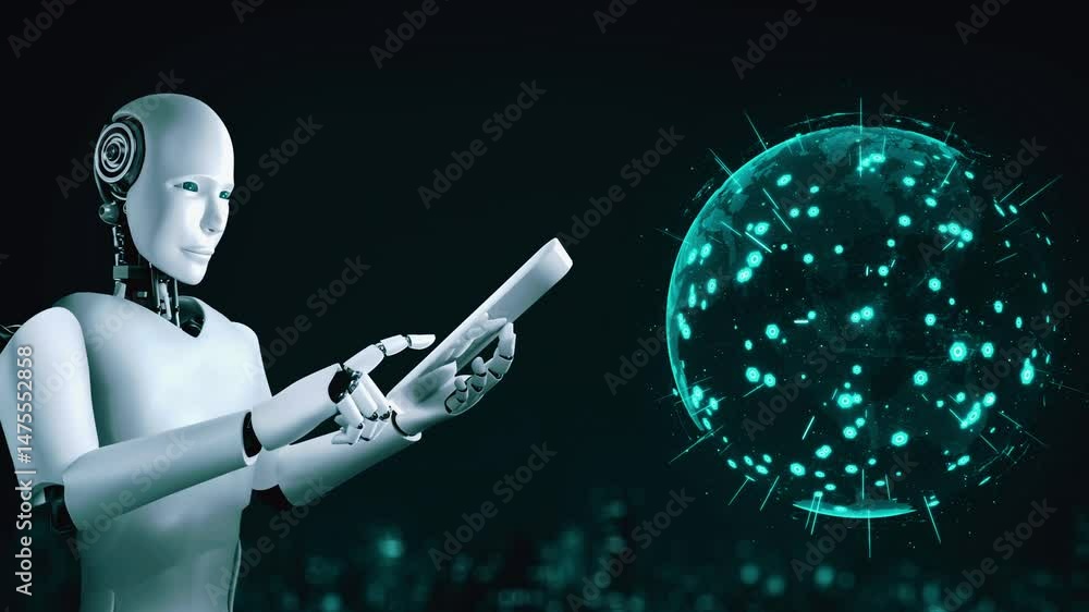 Poster robot hominoid using tablet computer for global network connection using ai thinking brain , artific
