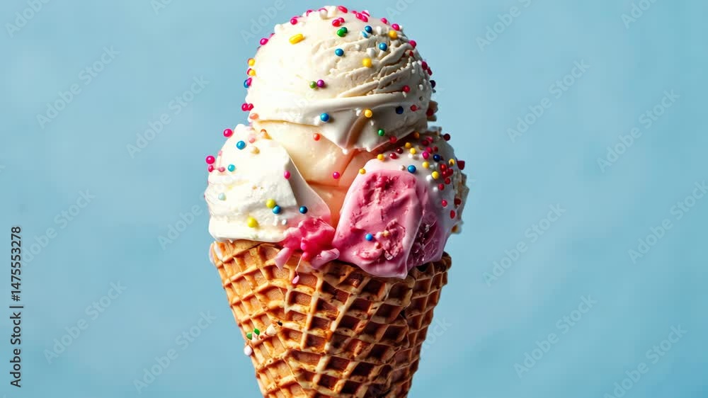 Poster a scoop of ice cream in a waffle cone with sprinkles on top. the sprinkles are in various colors and