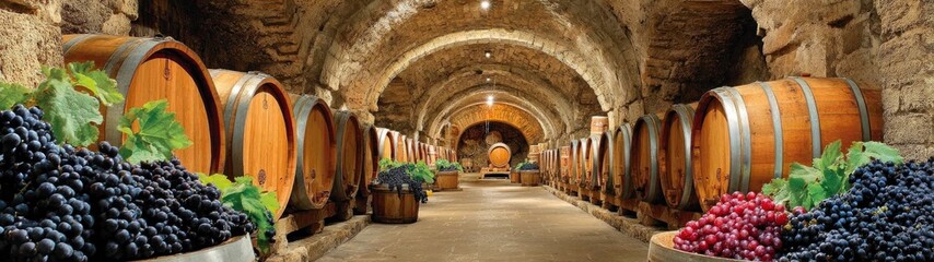 Wine Cellar Interior with Barrel and Grapes