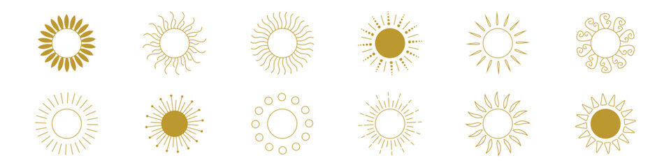Collection of decorative sun icons in hand-drawn style, ideal for boho, nature, wellness, or summer-themed design and branding projects.