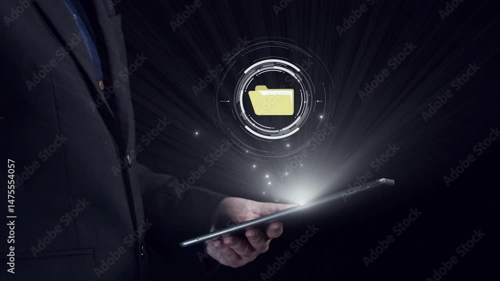 Poster business person managing online documents folders for efficient work processes. ensure secure and qu