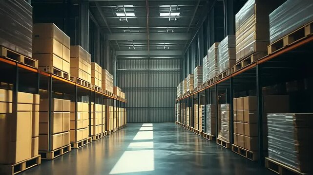 Warehouse interior filled with stacked boxes on pallets, showcasing organized storage space