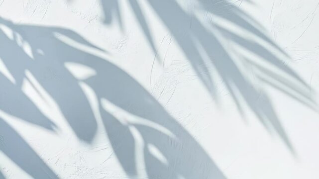  Abstract palm leaf shadow on white textured wall background. Tropical light & shadow play for minimalist aesthetic, serene spa concept. 4K video animation