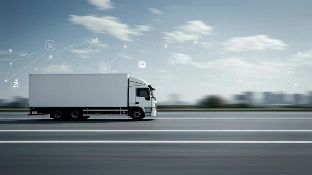 Delivery truck driving on highway in motion blur. Digital connection network for global transportation, supply chain management and modern logistics concept.