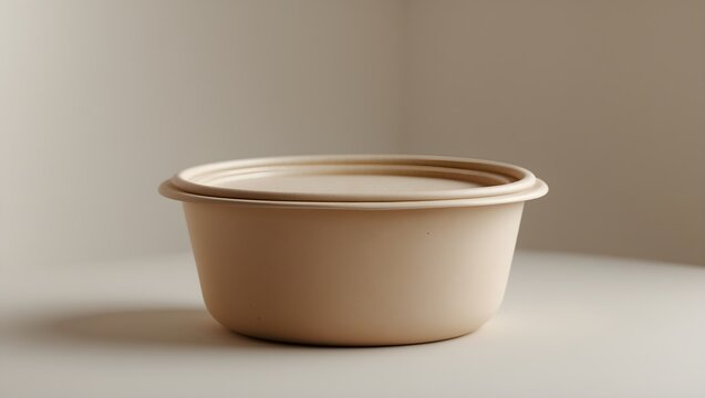 A blank compostable eco friendly biodegradable food container bowl with lid, sustainable packaging mockup template