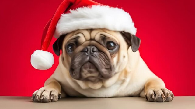 Cute sad pug dog in Santa hat on red Christmas background. Adorable festive pet portrait, funny holiday animal character for greeting cards. 4K video animation. 