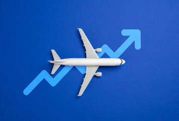 Passenger plane and arrow up. Concept of growth of flights, passenger flow. Hot season. Increase of cost of tickets, fuel, service of flight personnel. Airline industry, travel economics