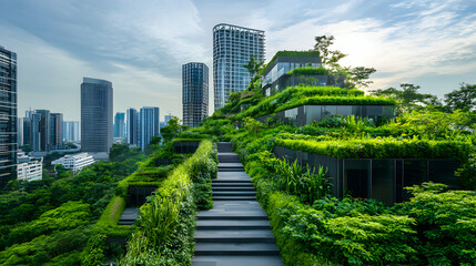 Modern building with green rooftop garden and cityscape backdrop under blue sky.