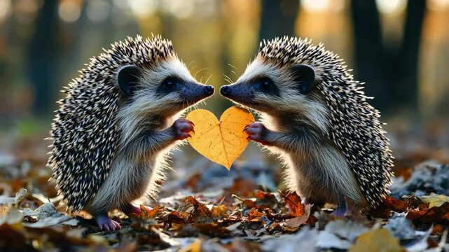 Two hedgehogs holding a heart-shaped leaf in autumn forest. The 14th of February. Happy Valentine's Day