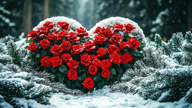 Heart-shaped rose arrangement in snowy winter forest scene. The 14th of February. Happy Valentine's Day