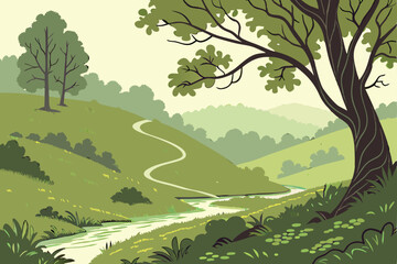 28 lush rolling green hills, winding river path, dense foliage, serene landscape, intricate patterns, natural beauty, vibrant colors, tranquil atmosphere, scenic vista, detailed textures, dreamlike qu