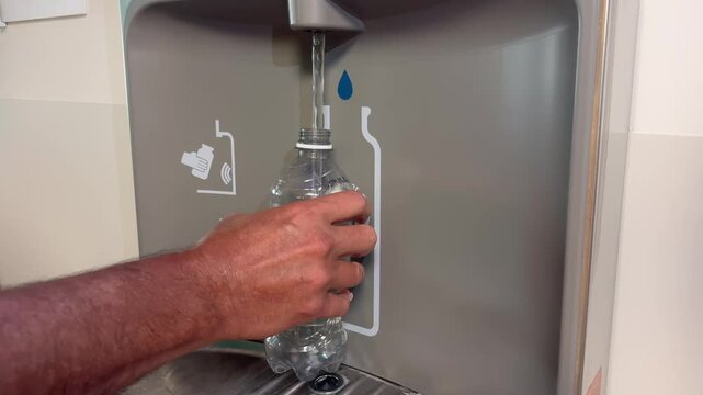 A man refills a plastic water bottle at a modern refill station, promoting sustainability and reducing the use of single-use plastic bottles in public spaces.	
