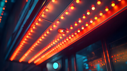 Illuminated marquee lights create a warm glow in a dark environment.