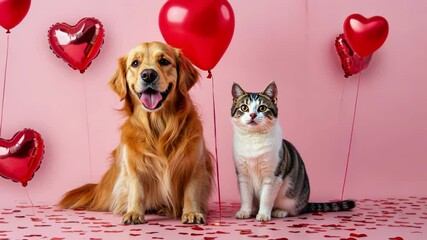 Happy golden retriever and cat with heart balloons on valentine's day. The 14th of February. Happy Valentine's Day - Powered by Adobe