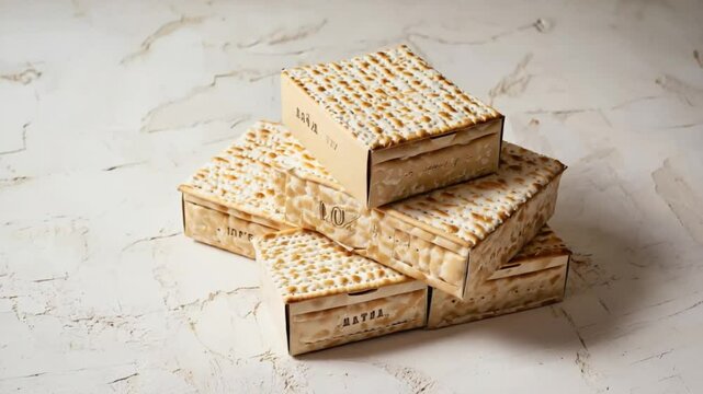 Matzah boxes stacked on tabletop