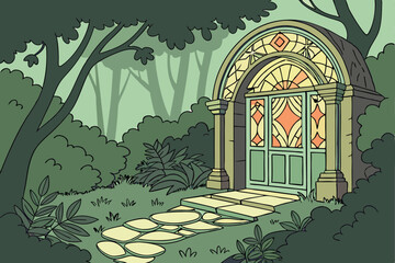 29 stained glass archway, lush green foliage, natural stone path, ornate architectural details, dappled sunlight, serene garden setting, enchanting and whimsical atmosphere