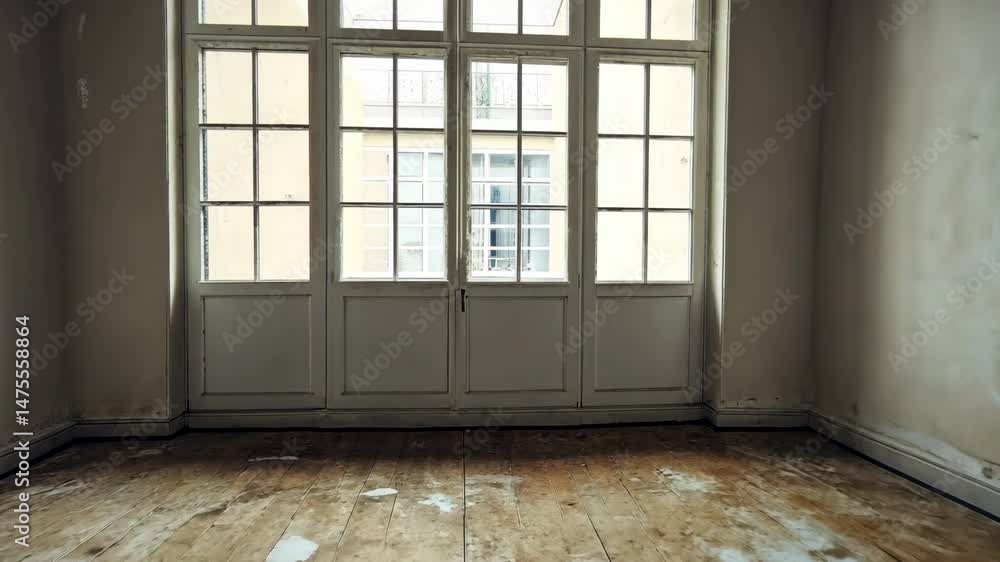 Poster a large empty room with a window and a radiator. the room is bare and empty, with no furniture or de