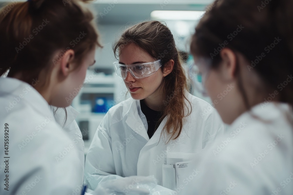 Poster group of scientists engages in discussion over research findings in laboratory setting, group of sci
