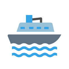 Obraz premium Blue cartoon cruise ship on water waves icon