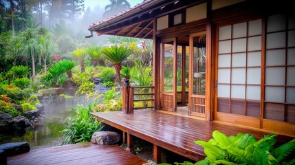 Tranquil Wooden Deck Overlooking Zen Garden with Koi Pond