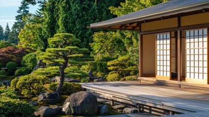 Tranquil Tea House Surrounded by Lush Rock Garden and Bonsai Trees