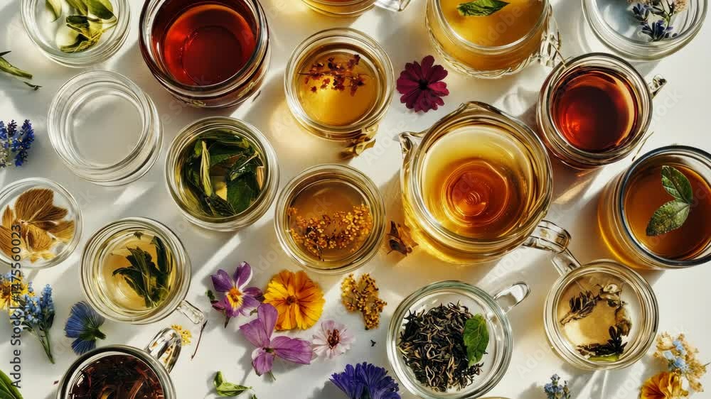 Poster a table with many different types of tea and herbs. the table is covered with various types of tea a