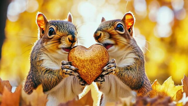 Two squirrels holding heart-shaped nut in autumn sunlight. The 14th of February. Happy Valentine's Day