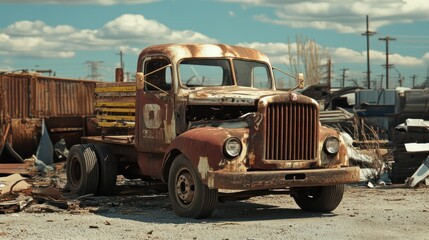 Vintage rusty truck abandoned in a junkyard, surrounded by scattered debris and industrial structures