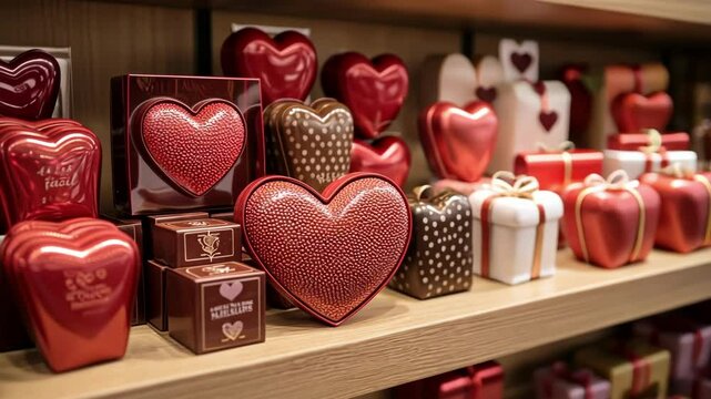 Assorted heart-shaped chocolates displayed on shelves for valentine's day. The 14th of February. Happy Valentine's Day