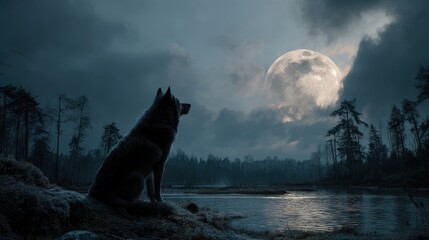 Silhouette of a canine at night by a moonlit river.