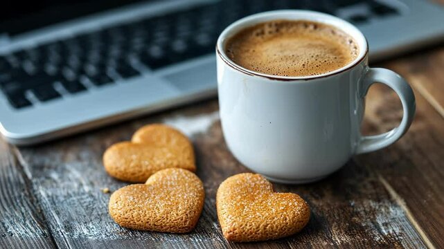 Coffee break with heart-shaped cookies and keyboard on wooden desk. The 14th of February. Happy Valentine's Day