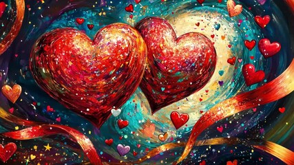 Vibrant abstract painting of two hearts surrounded by colorful swirls and stars. The 14th of February. Happy Valentine's Day - Powered by Adobe