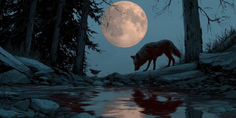 Moonlight night scene with a wolf by a creek.
