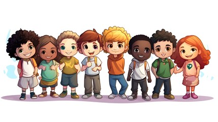 Diverse group of children exploring Sustainable Development Goals cartoon - Educational vector illustration