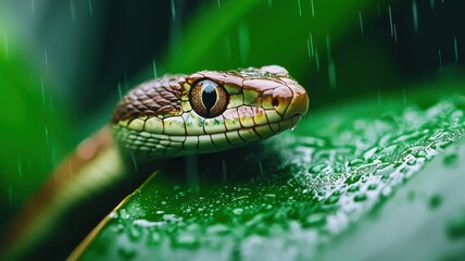 Fototapeta premium World snake day with jungle wildlife concept. Close-up of a snake on a wet green leaf in rain.
