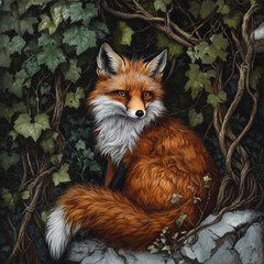 Obraz premium A red-furred fox under a vine that is very, very tall